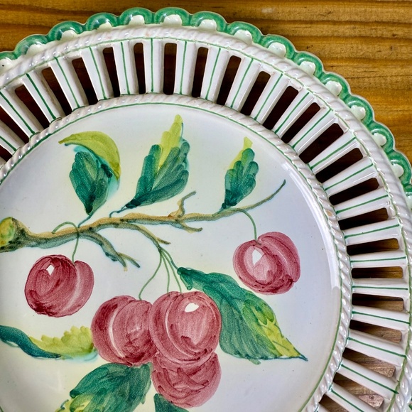Vintage Ugo Zaccagnini Italian Reticulated Plate | Hand-Painted Cherries | Italy - Picture 7 of 14